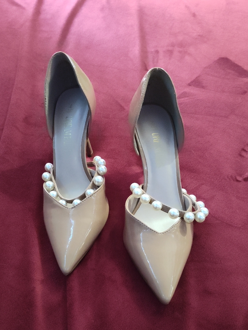 Dream Pairs Nude Patent Pointed-Toe Pumps with Pearl Strap